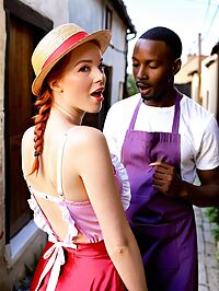 Black mans bulging eyes contrast with a young redhead in lingerie in an outdoor dice game